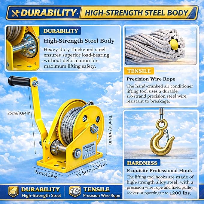 Air Conditioner Lifting Tool, 1200LBS Heavy Duty HVAC Hoist with 60FT Steel Cable, Portable AC Lifting Crane for Outdoor Installation, Self-Locking Manual Winch & Mounting Bracket, Carbon Steel