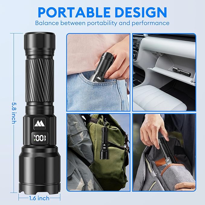 3 Pack Rechargeable Flashlights High Lumens, Super Bright LED Tactical Flashlight with LCD Power Display, Zoomable Flashlights 15H+ Runtime, IP65 Waterproof Flashlights for Home Emergency Camping