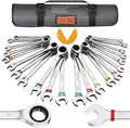Ratcheting Wrench Set, 23PCS Combination Wrench Sets, Wrench Set Metric and Standard & SAE, 6-18mm & 1/4" to 3/4" with Color Ring, Ratchet Set With Roll Up Pouch, CRV Socket Mechanic Tool Sets