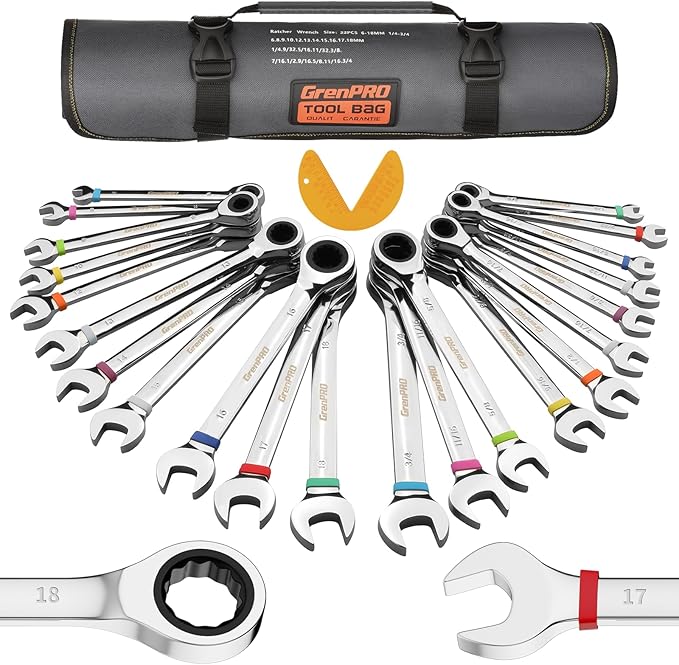 Ratcheting Wrench Set, 23PCS Combination Wrench Sets, Wrench Set Metric and Standard & SAE, 6-18mm & 1/4" to 3/4" with Color Ring, Ratchet Set With Roll Up Pouch, CRV Socket Mechanic Tool Sets