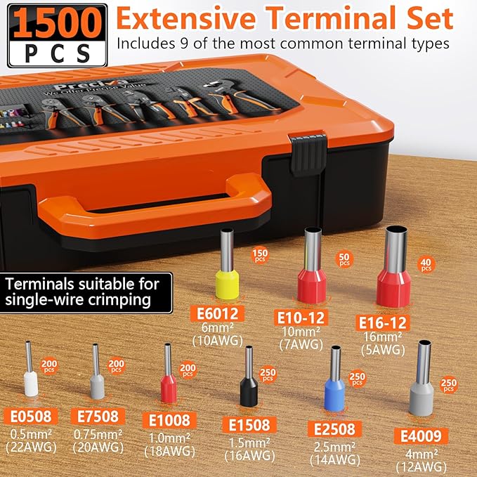 Preciva Ferrule Crimping Tool Kit with 1500PCS Wire Connectors, Hexagonal Crimping Pliers for AWG 28-5 Crimper Adjustable Ratcheting Wire Crimping Tool