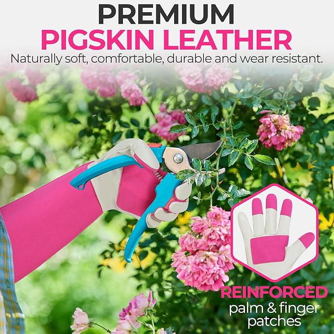 HANDLANDY Rose Pruning Gardening Gloves for Men & Women, Thornproof Long Gauntlet Gloves, Pigskin Leather - Breathable & Durability (Large)
