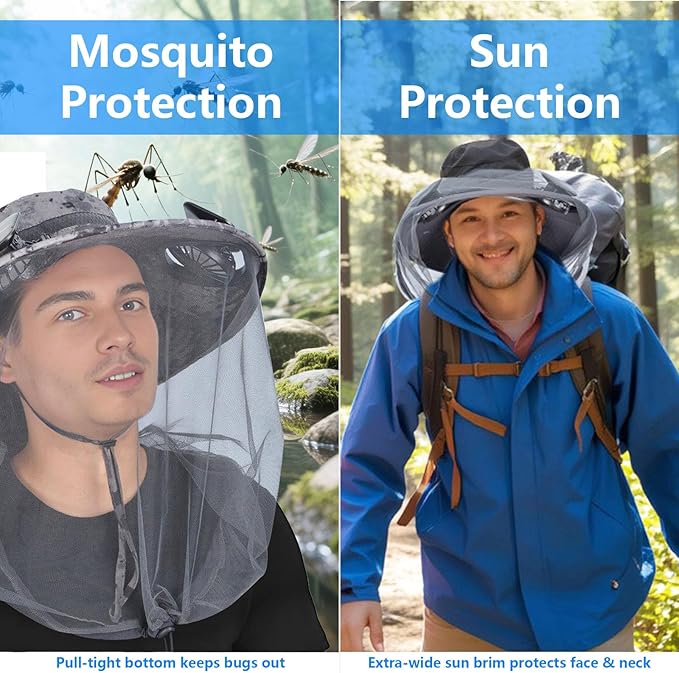 Solar Fan Hat with Mosquito Net, Wide Brim Sun Hat with 2 Solar Powered Fans, Fishing Hat with Solar Fans for Men Women