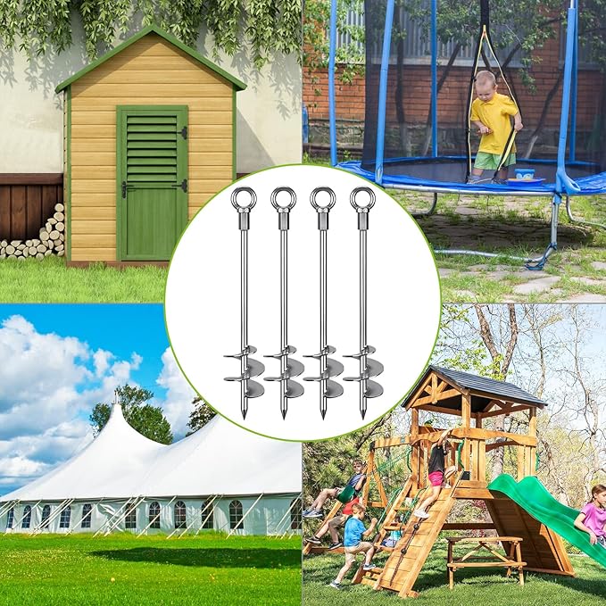 24'' Fully Welded Ground Anchors Screw in, 3'' Wider Spiral Earth Anchor for Swing Set, 4pcs Mobile Home Anchors, Wind Resistant Trampoline Wind Anchors, Ground Anchors for Sheds