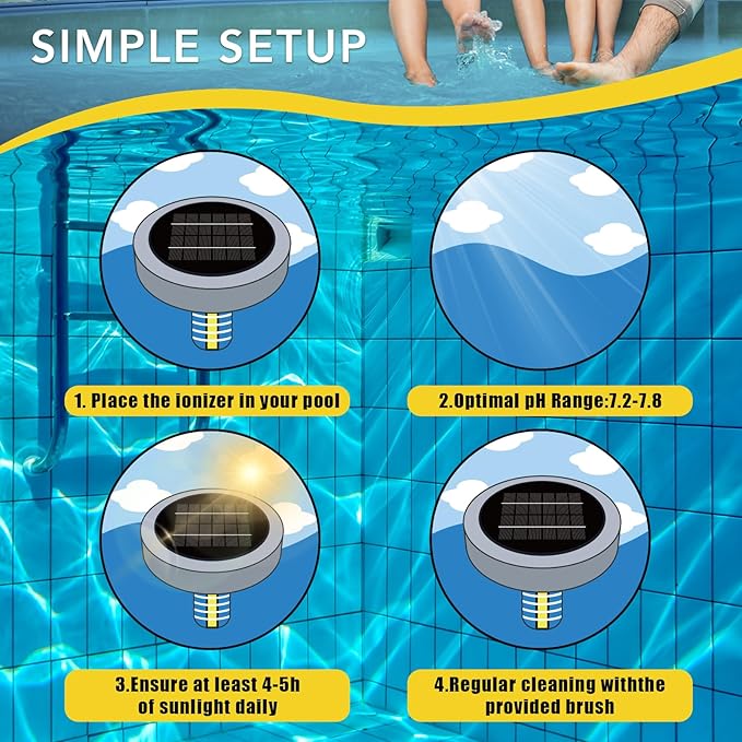 Solar Pool Ionizer - Enhanced with Latest Solar, 90% Less Chlorine, for Pools up to 45,000 Gal, Technology & Longer-Lasting Anode, Reduces Chlorine- Mineral-Based Pool Cleaning Device （Gray）
