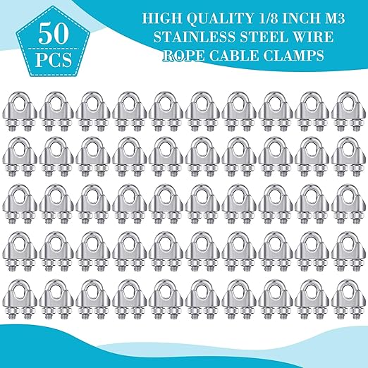 Blulu 50 Pcs 1/8 Inches M3 Stainless Steel Wire Rope Cable Clip Clamp 304 Stainless Steel Wire Rope Clamp Clip Wire Cable Clamp Wire Rope Clips U Bolt Saddle Fastener