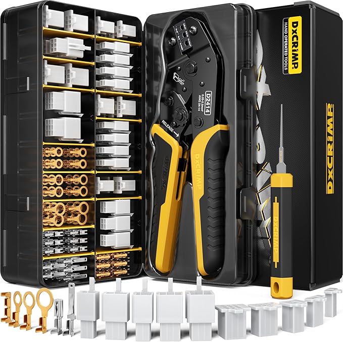 2.8 mm Automotive Connector Crimping Tool Kit, 2/3/4/6/9-Pin Male & Female Plugs, Ratcheting Crimper 24–14 AWG, Extractor Tools, Ring Terminals for Auto & Marine Harness Build & Repair