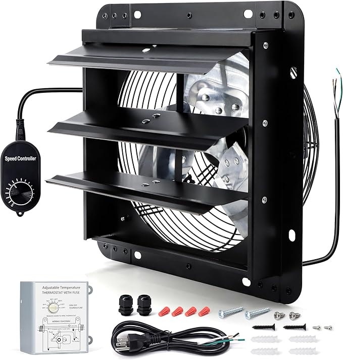 10 Inch Wall Mounted Shutter Exhaust Fan with Thermostat and Speed Controller for Attic, Greenhouse, Shed, Garage, Chicken Coop, Shop, Barn Ventilation, 820 CFM Louvered Vent Fan, Black
