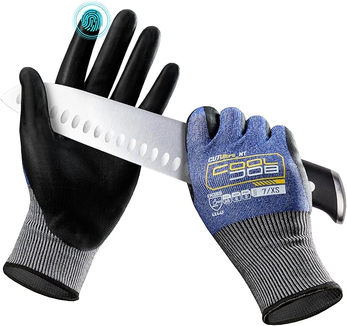 COOLJOB ANSI A9 Cut Resistant Gloves - 1/3 Pairs, Touchscreen Highest Knife Proof Level with Microfoam Nitrile Coated, Safety Work Gloves for Wood Carving, Glass Work, Construction, Blue XXL