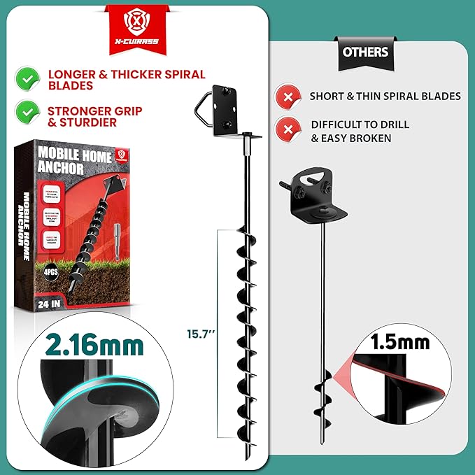 [Premium] 24" Full Spiral Blade Mobile Home Anchor, 4 Pack Ground Anchor Screw in with L-shaped Brackets, U-bolts, Power Nut Driver,Earth Anchors High Wind Heavy Duty for Camping Tents,Swing Sets