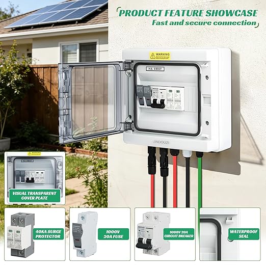 1 in 1 Out Solar Combiner Box,PV Combiner Box with 20A PV Fuse,DC 20A Circuit Breaker and Surge Protector,IP65 Solar Disconnect Switch Box for Indoor Outdoor Solar Panel System (1 in 1 Out 20A 1000V)