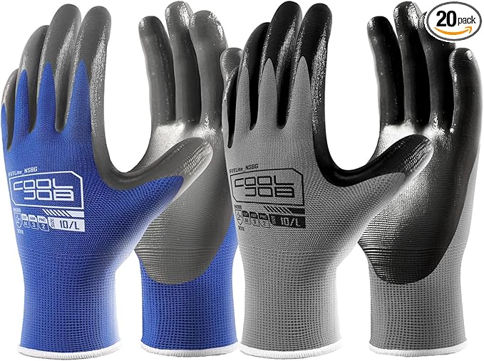 COOLJOB 20 Pairs Nitrile Dipped Safety Work Gloves with Grip, Non-slip Rubber Coated Bulk Garden Gloves for Men, Heavy-duty Oil Resistant for Truck Driver, Warehouse Box Handler, Xlarge, Gray Blue