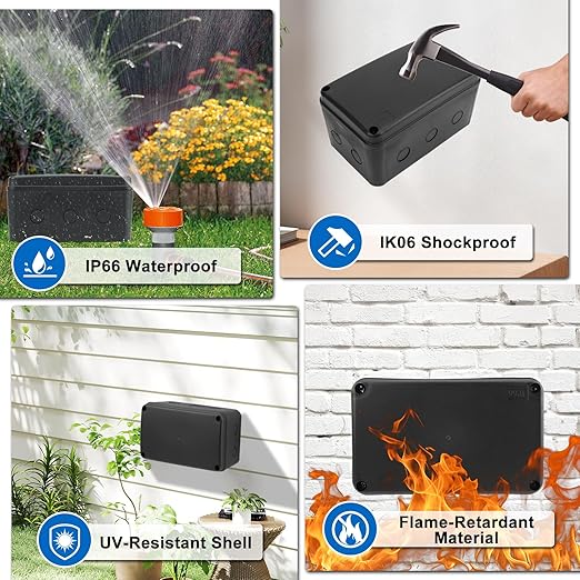 Nineleaf Black Waterproof Outdoor Electrical Box,1PK Plastic Junction Box,IP66 External Electrical Project Enclosure,7 1/8" x 4 1/2 "x 4" inch(181x111x100 mm),Fit M20X1.5mm Cable Gland for Outside Use