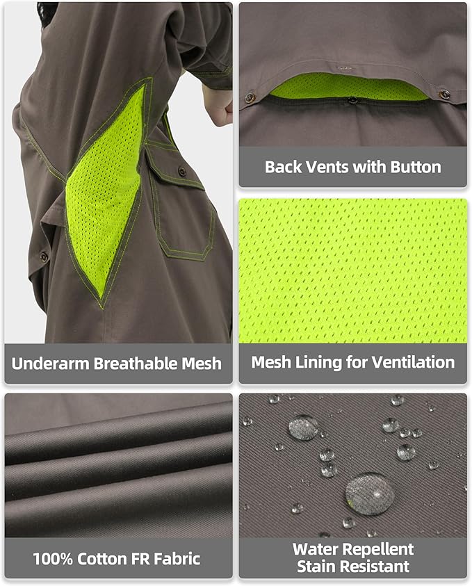 BOCOMAL FR Shirt for Summer Lightweight Vented Mesh Back and Underarm Breathable Flame Resistant Welding Button Down Shirts