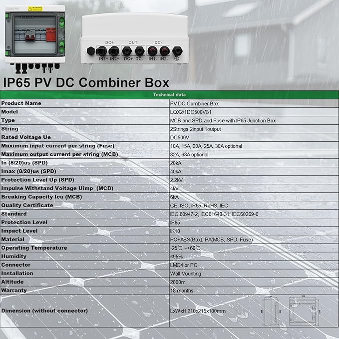 2 String Solar PV Combiner Box IP65 2 in 1 Out DC500V 40A Circuit Breaker with Surge Protector and 20A PV Fuse,Solar Disconnect Switch Outdoor Waterproof for Solar Panels System