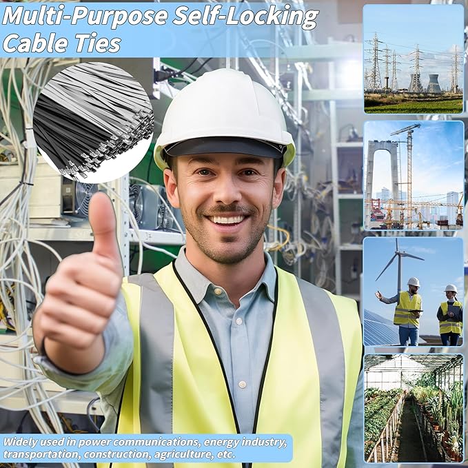 500PCS Metal Zip Ties, Silver Black 12 Inch Heavy Duty Metal Zip Ties, Multi-Purpose Self-Locking Cable Tie for Vehicles Farms Plants Fences Pipe Bundling