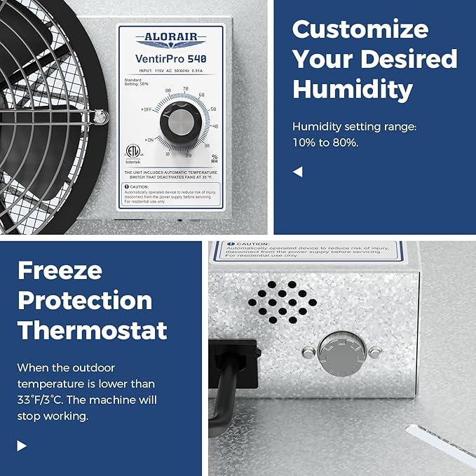 ALORAIR 540 CFM IP-55 Grade Crawlspace Ventilation Fans with Humidistat & Thermostat, 8.7 inches Basement Vent Fans with Isolation Mesh, Ventilator Fan for Crawl Space Basement Attic Garage, Exhaust