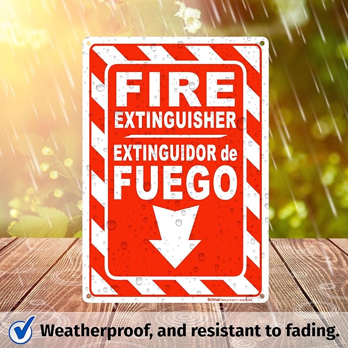 Brimar - 7 x 10" - Bilingual Fire Extinguisher Sign - Polyethylene Plastic - Bold Text And Symbol - Easy Installation