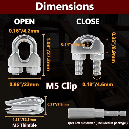16PCS 3/16 to 1/4 Inches M5 Stainless Steel Wire Rope Clips, 8PCS M5 Thimbles