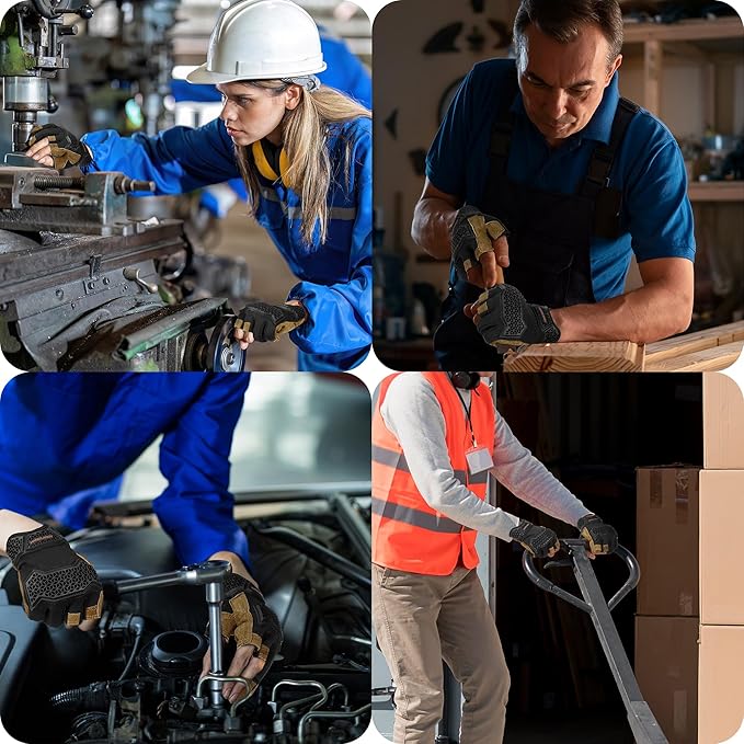 HANDLANDY Fingerless Work Gloves for Mens & Women, Uwrist Half Finger Shock-Absorbing Breathable Glove