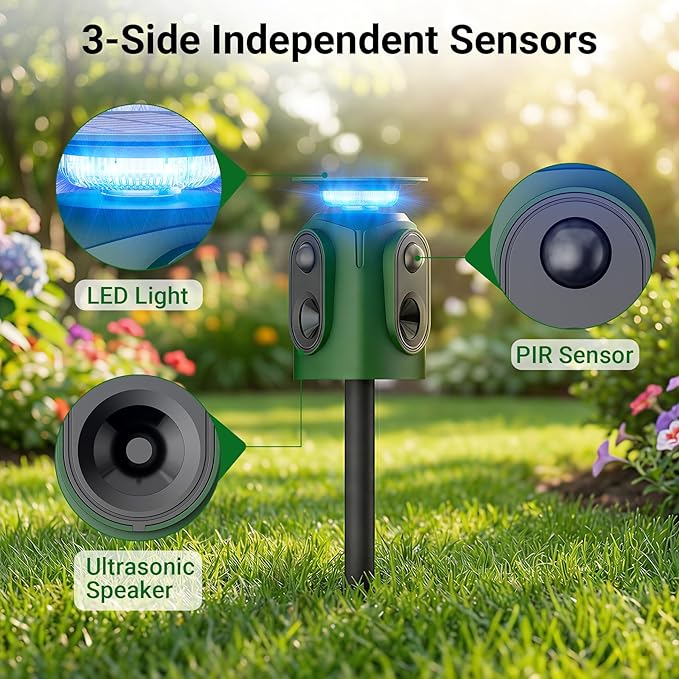 Cat Repellent Outdoor Solar Powered Ultrasonic Deer Repellent 360 Degree Animal Deterrent Squirrel Repeller with Flashing Light Outdoor Skunk Repellent Waterproof Yard Lawn Orchard Garden