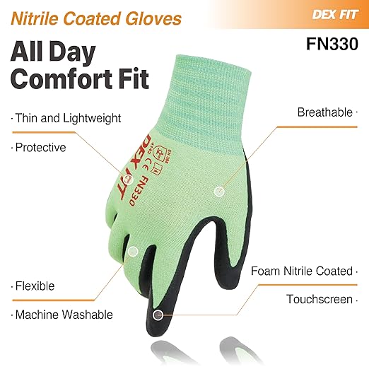 DEX FIT Nitrile Work Gloves FN330, 1 Pair, 3D-Comfort Stretchy Fit, Firm Grip, Thin & Lightweight, Touch-Screen Compatible, Durable, Breathable & Cool, Machine Washable; Green S (7)