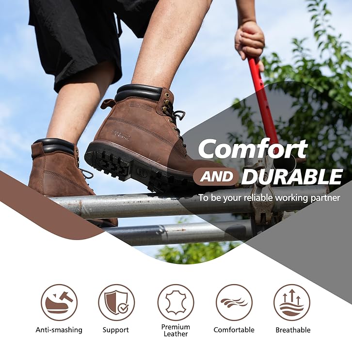 Steel Toe Work Boots for Men, 6-Inch Non Slip Comfortable Leather Waterproof Industrial Construction Safety Workboots