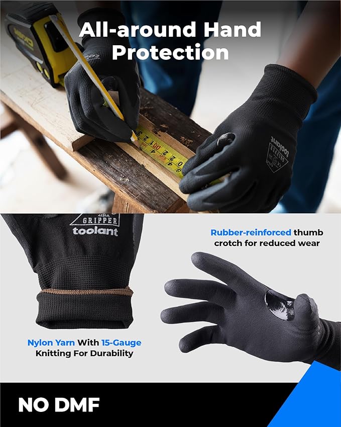toolant 6/12 Pairs MicroFoam Nitrile Coated Safety Work Gloves, Breathable Nylon Working Gloves Men with Grip,Touchsreen