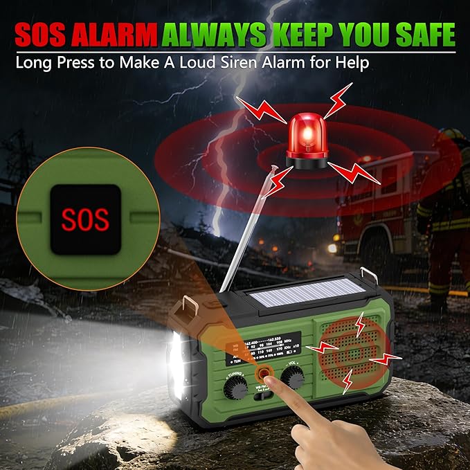 Emergency Radio Hand Crank Solar, 10000mAh/37000mWh Emergency Weather Radio, Hand Crank Solar Radios with NOAA/AM/FM, Cell Phone Charger, Headphone Jack, Flashlight for Indoor Outdoor