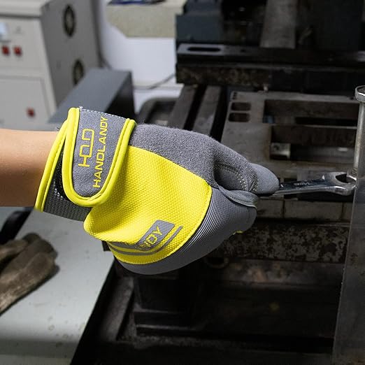 HANDLANDY Work Gloves Mens & Women, Utility Safety Mechanic Working Gloves Touch Screen, Flexible Breathable Yard Work Gloves (Medium, Grey&Yellow)