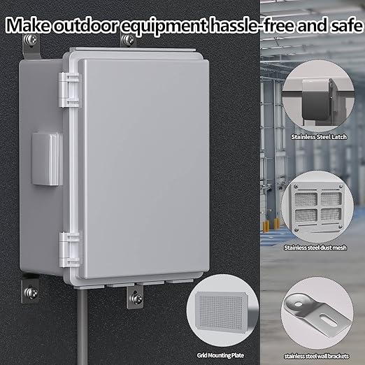 Electrical Junction Box, Ventilated Design, Cable Grommets, Indoor/Outdoor Use with Mounting Panel & Hinged Cover. Waterproof IP 65. (Grey Cover, 11.8"x7.9"x5.1")