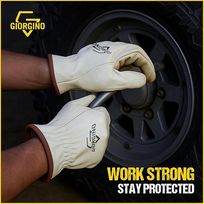 Giorgino Leather Work Gloves Men Heavy Duty Cowhide Driver Gloves Safety Work Gloves for Gardening & Construction