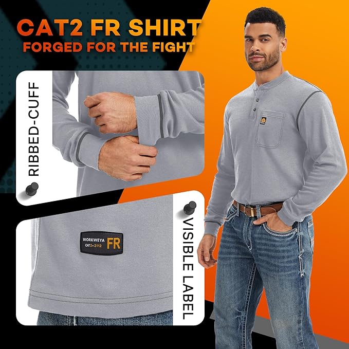 WORKWEYA FR Shirts for Men 6.5 oz Flame Resistant Long Sleeve Henley Shirt NFPA 2112/CAT2