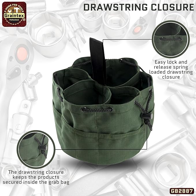 Graintex 18 Pockets Grab Bag Rip-stop Canvas Drawstring Closure, Small Part Organizer Pouch, Small Tools, Screws, Parts, Parachute Tool Bag for Efficient Storage - Hunter Green