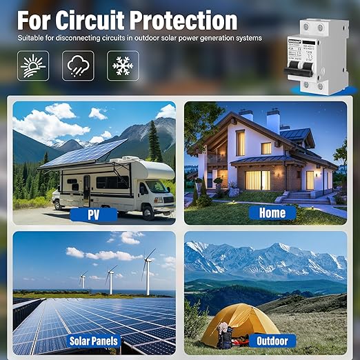 DC Solar Panels Disconnect Switch 40 Amp Solar Shut Off Switch 12V-400V 2 Poles Small Miniature Circuit Breaker for PV Homes, AC 110V DIN Rail MCB