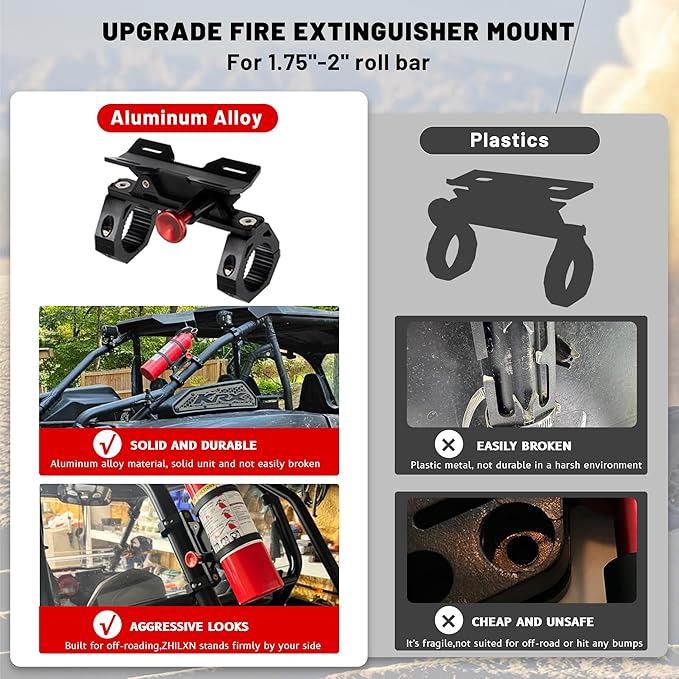 UTV Fire Extinguisher Mount Kit - Aluminum Adjustable Quick Release Roll Bar Car Fire Extinguisher Bracket Holder for 1.75-2in Roll Bar UTV Compatible with Polaris RZR SXS Ranger Camper Can-Am