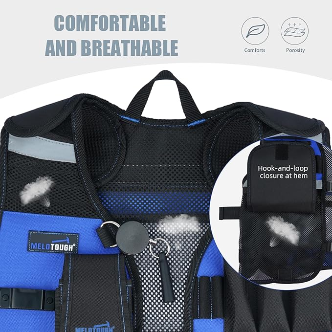 MELOTOUGH Tool Vest for Men Reflective Safety Tool Vest with Adjustable Straps, Removable Phone Holder for Electrical, Carpenters, Construction, Handyman (Blue)