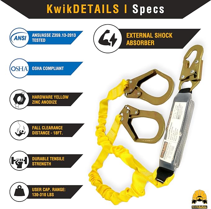 KwikSafety - Charlotte, NC - Python [KIT] Safety Lanyard + Safety Harness & Anchor/OSHA ANSI Fall Protection External Shock Absorber Construction Arborist Roofing Snap Rebar Hook Connector