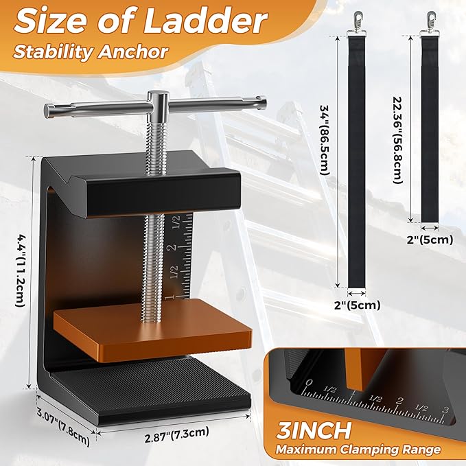 Ladder Stabilizer for Ladder Safety, Lockjaw Ladder Grip & Anti-Slip Fall Protection Kit, Ladder Gutter Guard with 2FT & 3FT Ladder Straps,Ladder Accessories for Maximum Safety