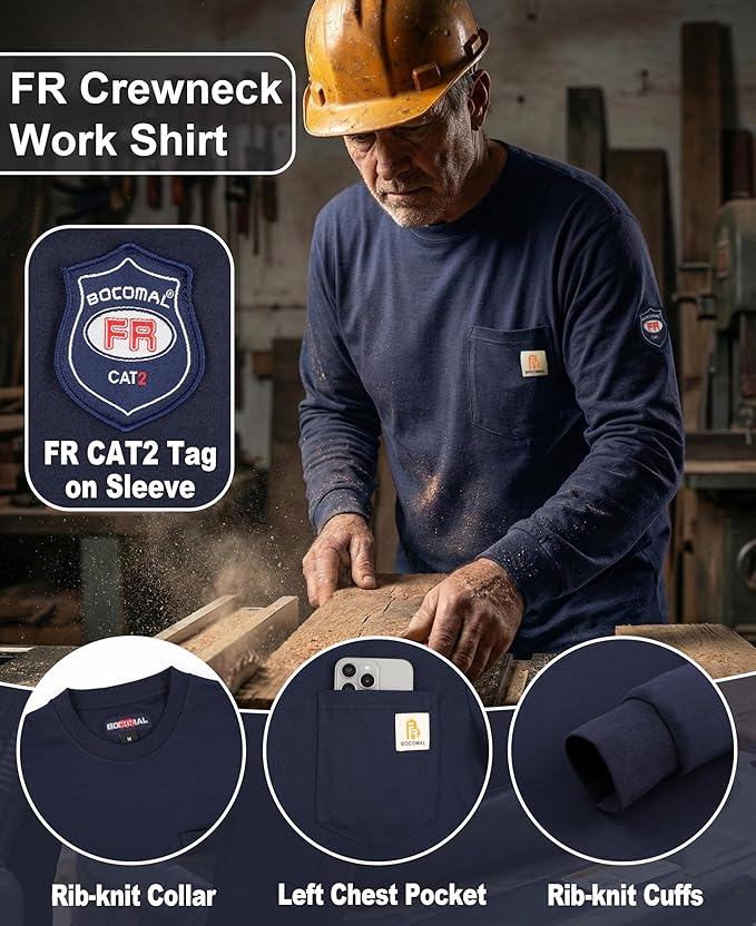 BOCOMAL FR Shirts Lightweight Classic Crew Long Sleeve Fire Resistant Shirt CAT2