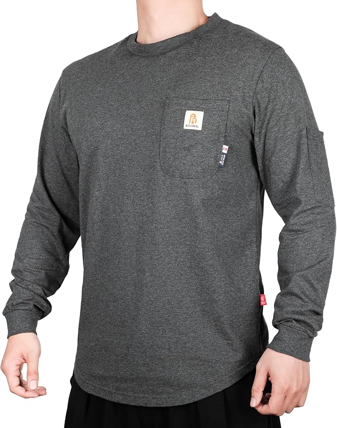 BOCOMAL FR Shirts for Men Melt Pocket Lightweight Crew T-Shirt NFPA2112/CAT2 Fire Resistant Work Shirt