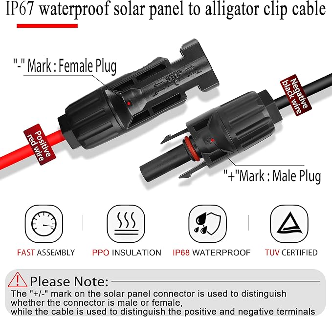 QIANRENON Solar Panel Connector Cable 12AWG Solar Panel Connector to Battery Clip Extension Cable Alligator Clip to Male & Female Solar Connectors Cable with 25A Fuse 1.5m/4.9ft