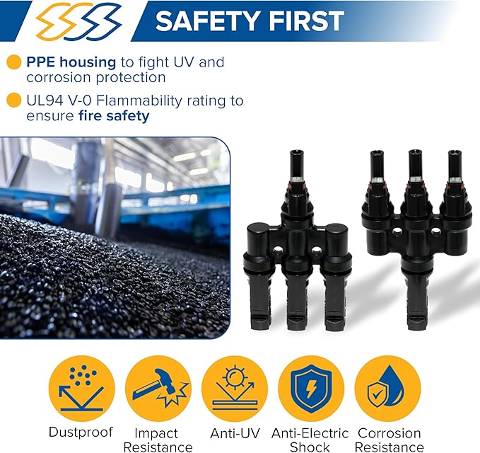 2 Pcs Solar T-Connectors IP67 Waterproof Solar Panel Cable Connectors | Solar String Splitter/Joiner - (1-3 (M/FFF and F/MMM)- 1 Pair)