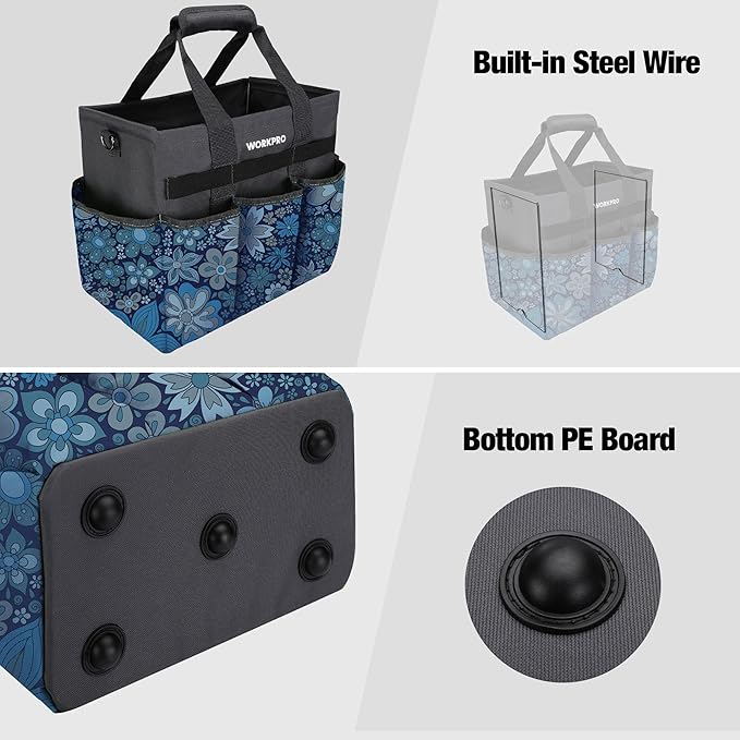 WORKPRO Garden Tool Bag Organizer, Heavy Duty Gardening Tote Bag with 10 Pockets and Long Adjustable Shoulder Strap, Standable Garden Home Tool Kits Organizer, Floral Blue (Tools are not included)