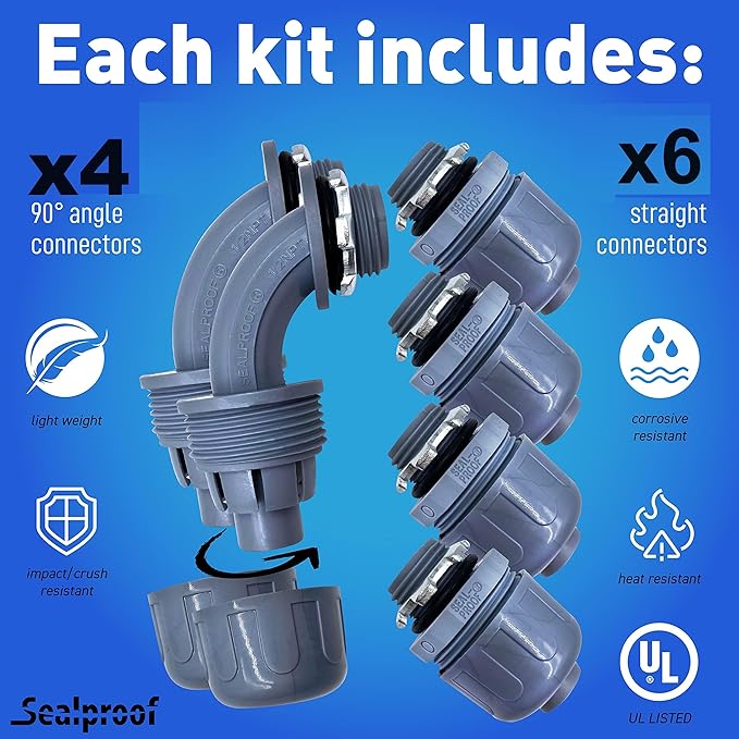 Sealproof 3/4-Inch Non-metallic Liquid-Tight Conduit and Connector Kit, 100 Foot Made in USA Flexible Electrical Conduit Type B with 6 Straight and 4 90-Degree Conduit Connector Fittings, 0.75" Dia