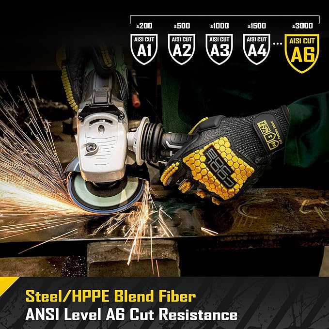 COOLJOB A6 Cut Resistant Anti Vibration Work Gloves Men, TPR Impact Reduce Mittens, Palm Rubber Patch Shock Absorption, M-2XL