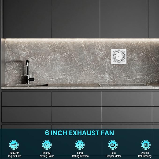 HG Power 6 Inch Exhaust Fan with Speed Controller, 308CFM Wall Exhaust Fanfor Kitchen, Bathroom, Metal Extractor Fan for Pet Room, Smoking Room, Attic, Garage, Window Ventilation