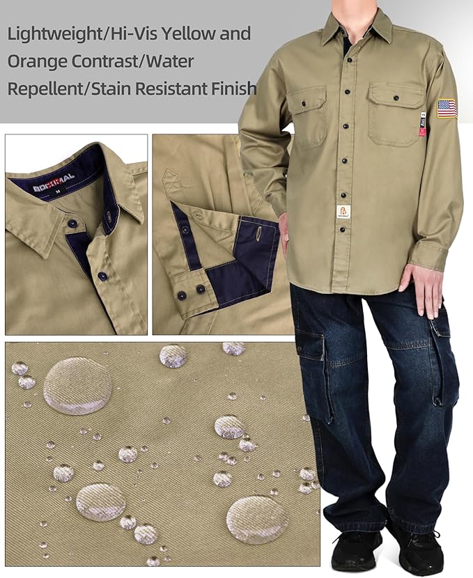 BOCOMAL FR Shirts for Men Flame Resistant Light Weight NFPA2112 Fire Retardant Welding Shirt Water & Oil Repellent Finish
