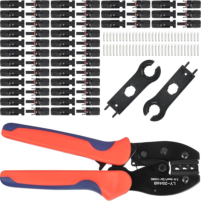123PCS Solar Crimper Tool Kit - 30 Pairs Solar Connectors 30 Pairs Solar Connector Pins 2 PCS Spanner Wrench 1 Wire Crimper Stripper Tool for 2.5/4/6mm² Solar Panel Installation Assembly Tools