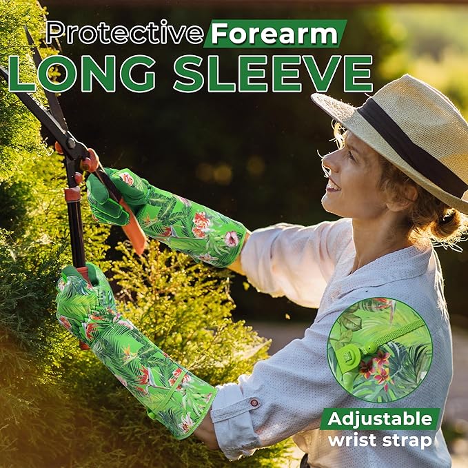 HANDLANDY Women Gardening Gloves, Scratch Resistant Breathable Ladies Rose Pruning Long Gauntlet Floral Print Garden Yard Gloves, Gift for Gardeners (Grass Green, XL)